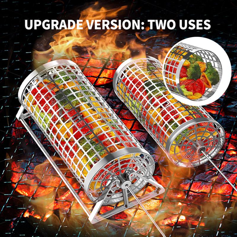 Корзина для гриля на колесах, вращающаяся сетка для гриля, трубка для барбекю, переносная сетка для барбекю, нержавеющая сталь, инструменты для барбекю на открытом воздухе для пикника, кемпинга