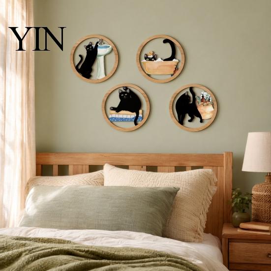 Rounded Corner Wood Art 4 Pcs Minimalist Black Cat Wall Art, Geometric Round Circle Wooden Non-toxic Coating Decor, Abstract Hanging Sign for
