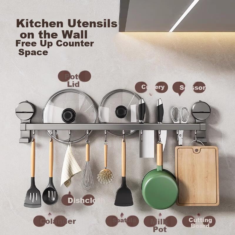 Suction Cup Kitchen Hooks, Multifunctional Storage Rack, No Drilling Required, Hanging Rod for Pot Lids, Spatulas, Knife Holder, Organizer Shelf