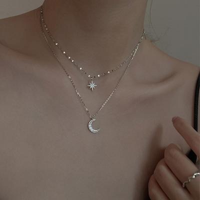 Двухслойное серебро 925 пробы, простое колье со звездами, блестящие циркониевые подвески в виде Луны, ожерелья, подарок для девочек, изысканные аксессуары