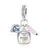 925 Silver Octopus Beads Snake Bracelet with Heart Dangle Charm Pink Pendant Gift for Her