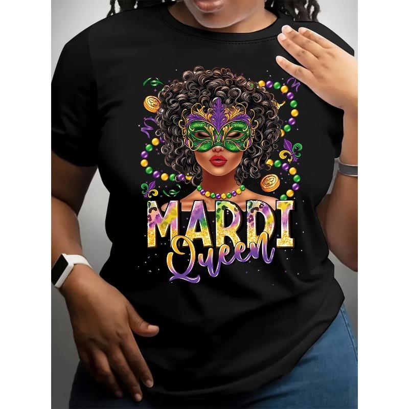 Women's Mardi Gras Graphic T-Shirt Black Mardi Queen Lettering Fleur-de-Lis Beads New Orleans Carnival Crew Neck Short Sleeve Casual Party Top