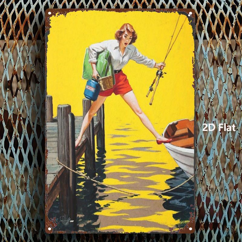 Vintage Fishing Girl Metal Sign Durable x Inch Wall Art for Bar Bedroom Kitchen Home Decor