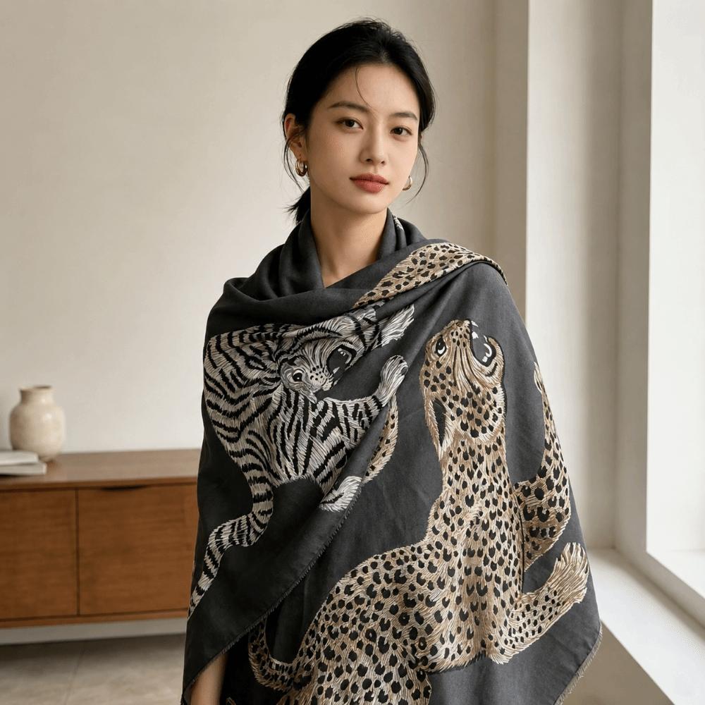 Fringed Edge Silk Scarf Leopard Print Fringed Shawl New Leopard Print Scarf Head Styling