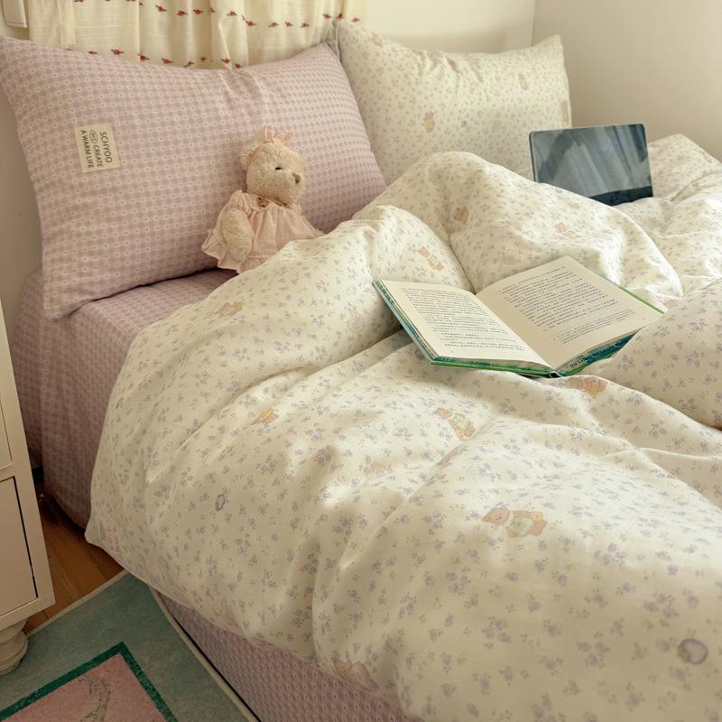 Four-piece set of pure cotton Xiaoqing fresh air double-layer yarn, cotton small floral Class A bed sheet quilt cover, bedding four-piece set