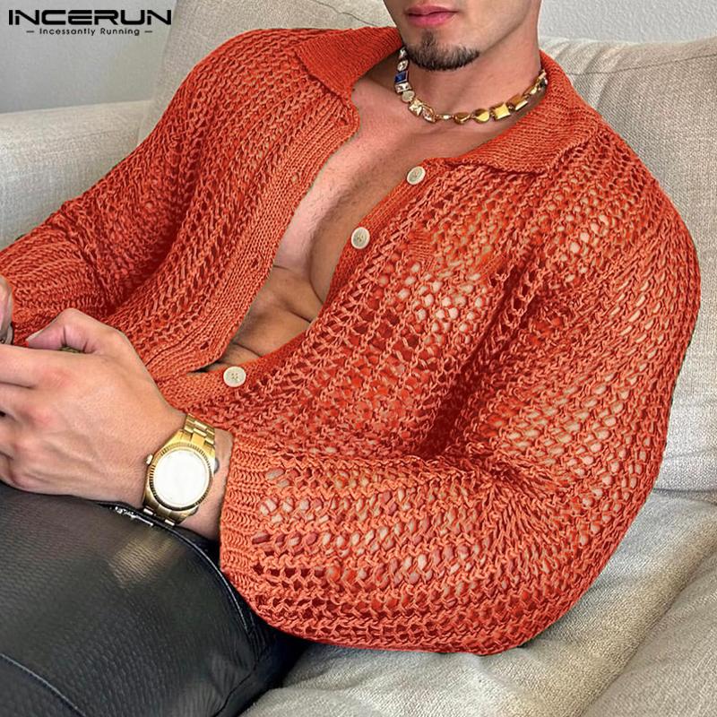 INCERUN Мужские рубашки с длинными рукавами и прозрачными пуговицами