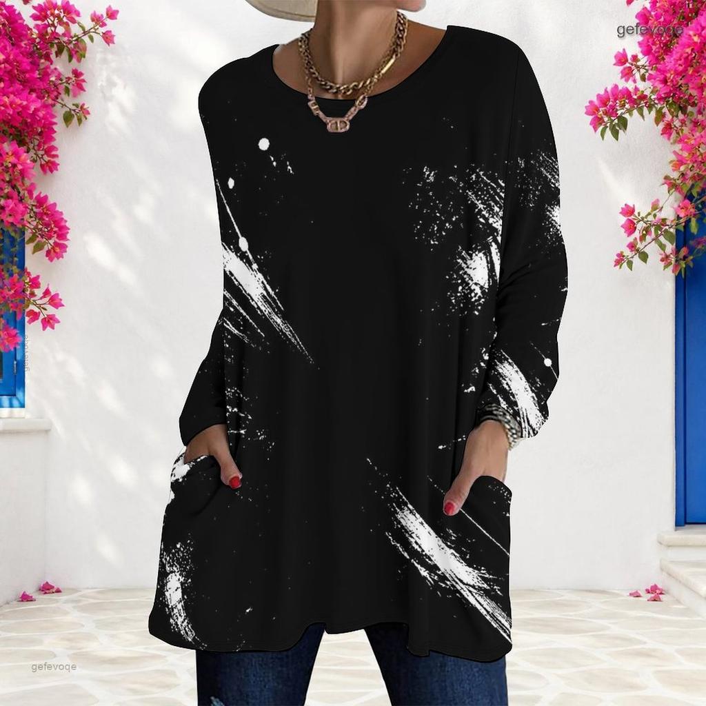 Women Plus Size Black Printed Round Neck Long Sleeve Loose Longline T Shirt With Pockets