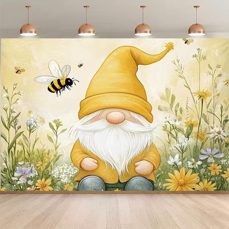 2D Yellow Gnome with Bees Backdrop for Kids Photoshoot & Home Decoration