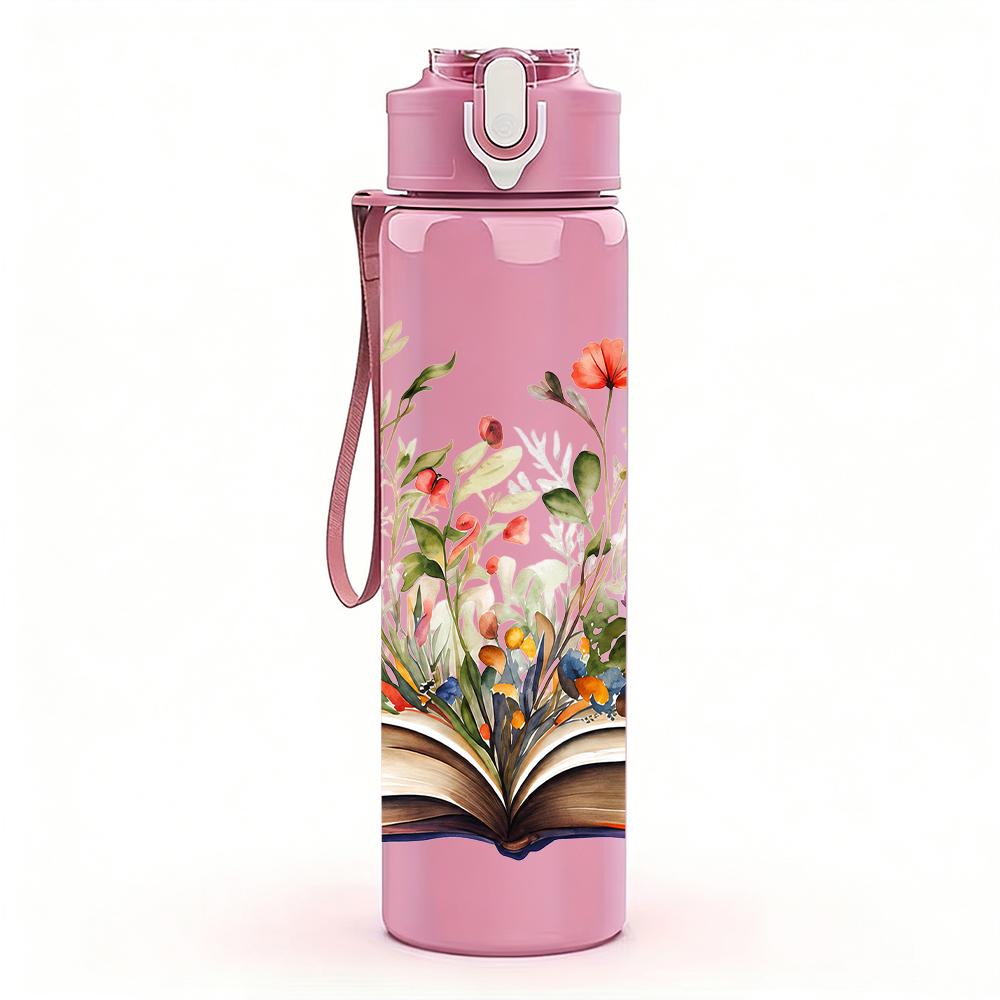 1PC Open Book Wildflower Bouquet 750ml Color Plastic Sports Water Bottle Leakproof Flip Straw Lid Suitable for Sports Office Home Use
