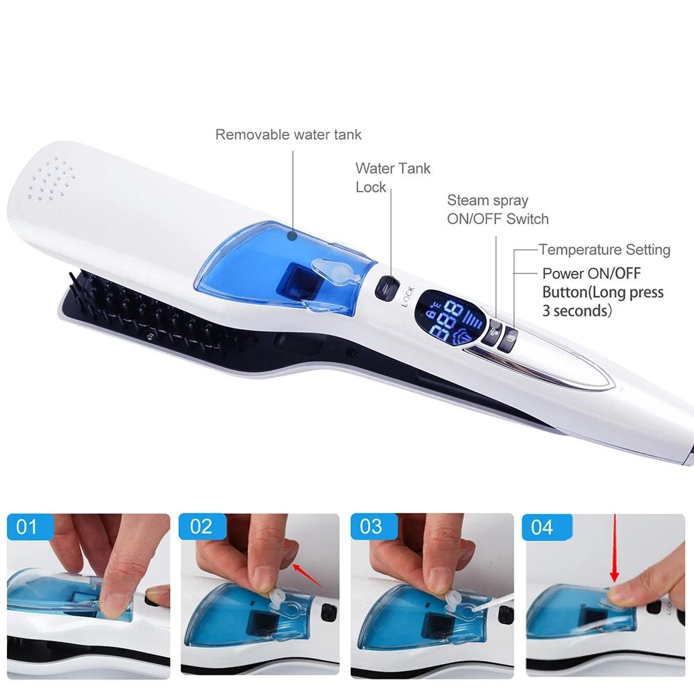 Hair Flat Iron LCD Hair Steam Straightener Brush Electric Dry & Wet Hair Iron Steam Straighten Comb Styling Tool