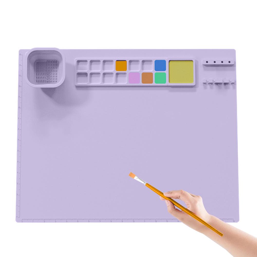 Kids Silicone Art Mat With Foldable Cup Brush Holder Color Dividers Water Resistant Heat-resistant Craft Mat