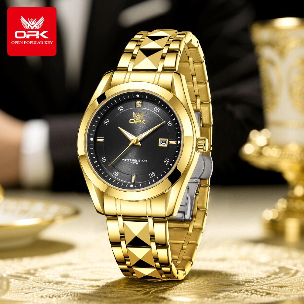 OPK 8183 Men's Watches Gold Steel Strap Classic Black Dial Fashion Simple Waterproof Luminous Date Quartz Wrist Watches For Man