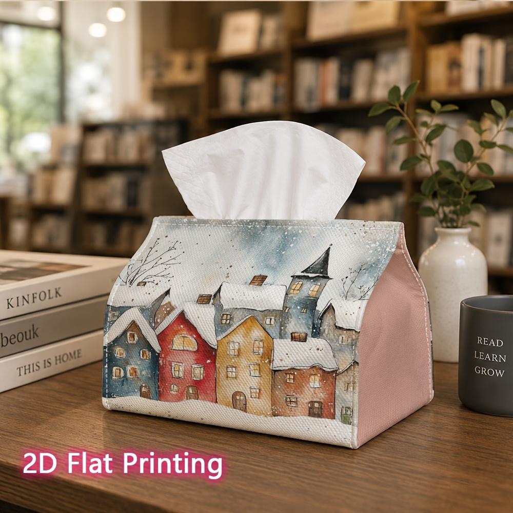 1pc, 2D Flat Printing, Tissue Box Winter Village Scene Pattern Printed Tissue Box, Suitable for Bathrooms, Living Rooms, Bedrooms, Dressing Tables, Co