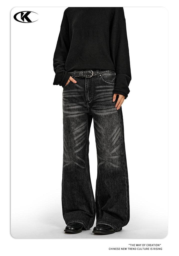 Unisex Retro Black Straight-Leg Whisker-Wash Jeans with Clean Fit and Slight Flare