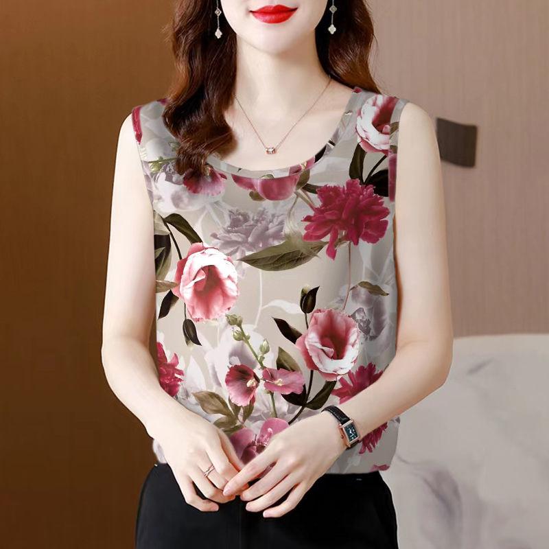 Летний женский жилет, новый размер плюс, без рукавов, шелковый принт, подтяжки, цветочная основа, рубашка