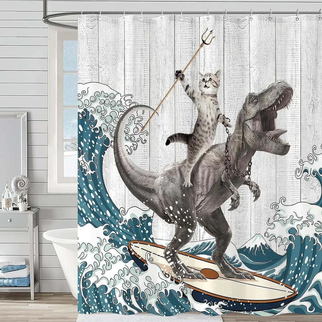 Смешная занавеска для душа Brave Cat Cartoon Душевая занавеска Waves Ocean Decor Ткань Душевая занавеска Set with Hooks Bathroom Decoration