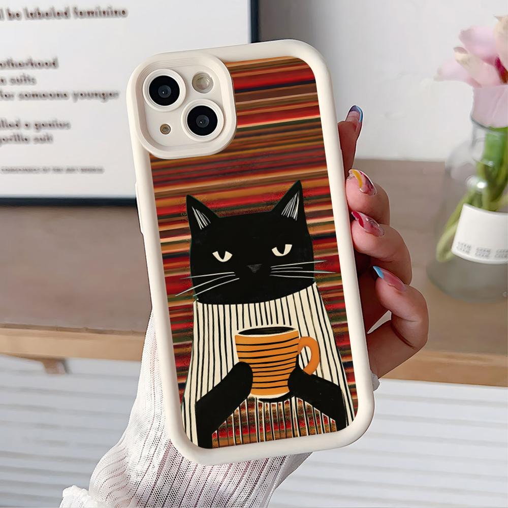 Cute Coffee Cat Thicken TPU Mobile Phone Case for iPhone 17 16 15 14 13 12 11 Air Pro Max Plus Colorful Cover