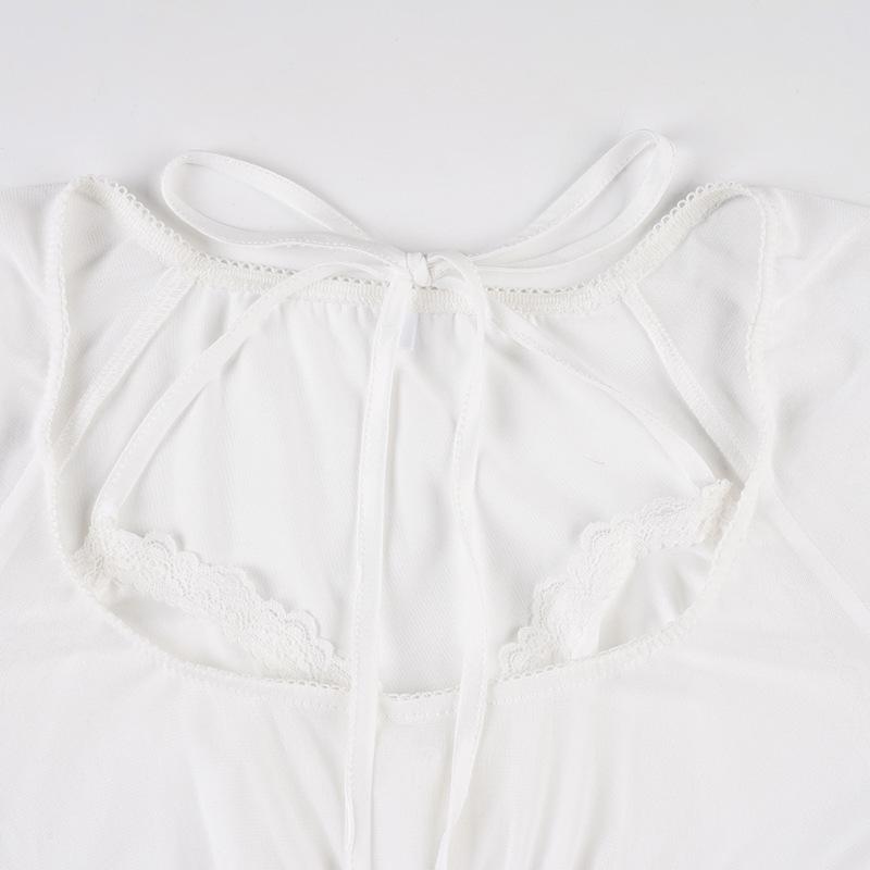 Стильный женский белый комплект из двух предметов с сетчатыми вставками, пэчворком и отделкой воланами, с прозрачным топом с длинным рукавом