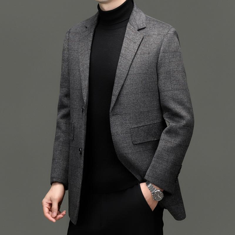 Double-sided Woolen Coat for Men In Winter Thick Suit Collar Plaid Coat Middle-aged Dad Removable Down Liner