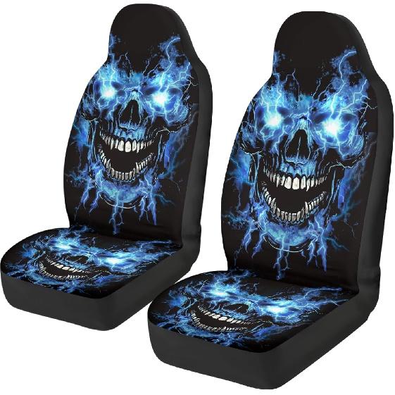 Red Gothic Flame Skull Pattern Auto Seat Cover, Thin Breathable Universal Car Front Seats Accessories Interior Decor 2 Pcs