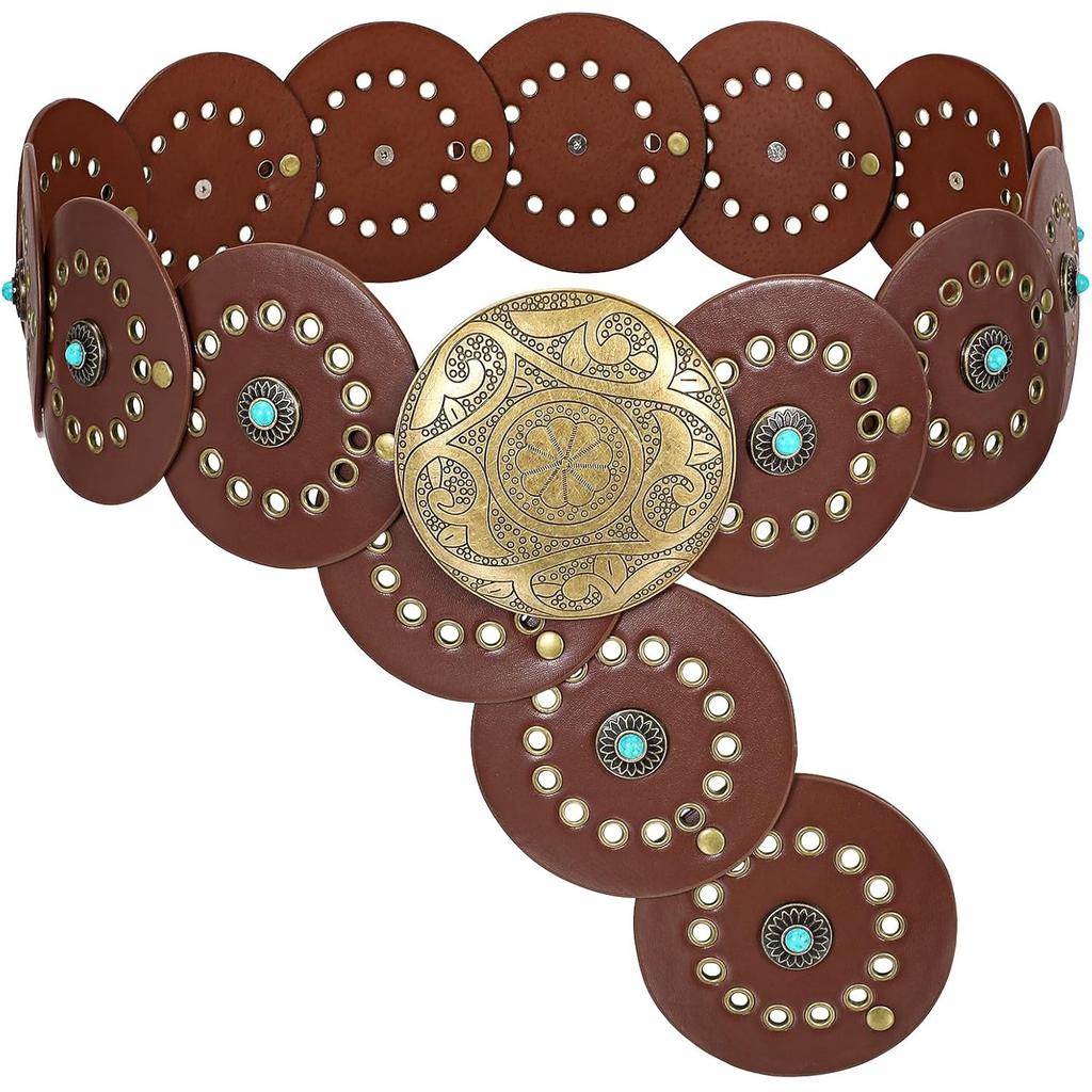 Western Leather Belts For Woman Concho Cowgirl Cowboy Disc Belt For Ladies Wide Boho Country Waist Belts For Dress