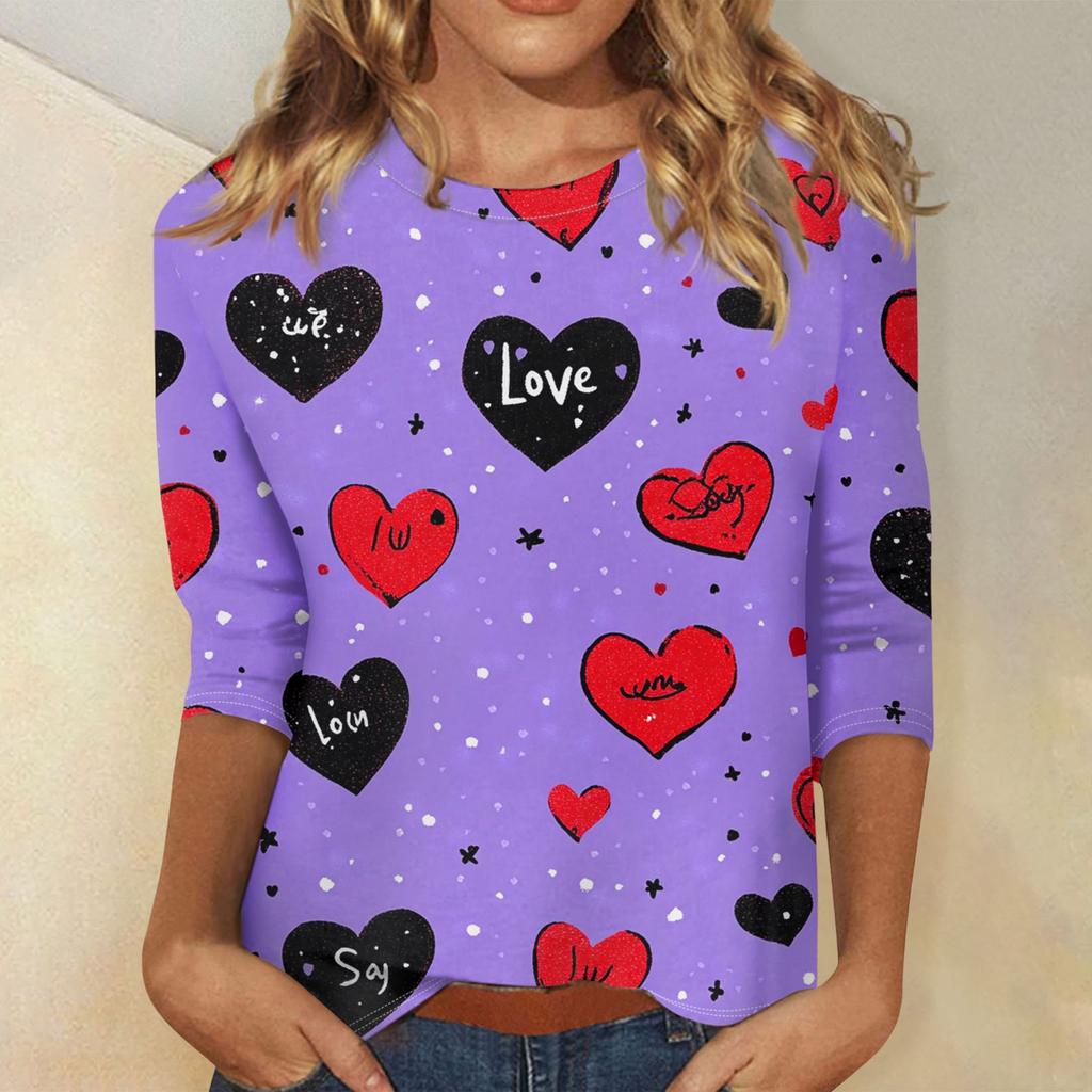Женские топы с рукавом три четверти, рубашка на День святого Валентина, круглая горловина, свободная повседневная рубашка