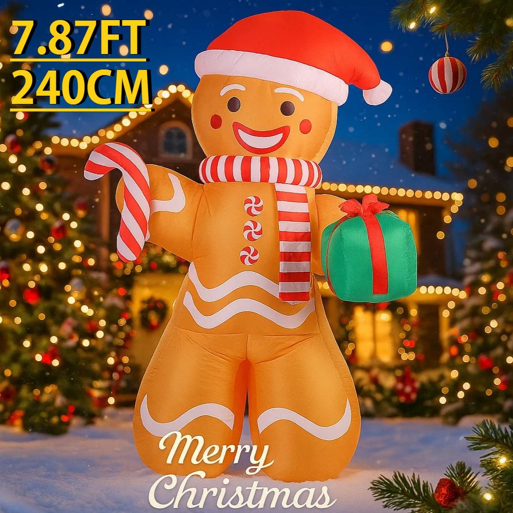 7.87FT Yard Party Decoration Inflatable Gingerbread Man Candy Cane Gift Box Toy LED Xmas Supplies Home Ornament Christmas Gift