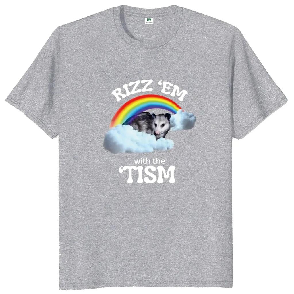 Зафлиртуй с ними с футболкой Rizz Em With The Tism, футболка с забавным мемом про аутизм и опоссума, футболка в подарок при аутизме, нейтральная повседневная футболка с круглым вырезом, очень большая