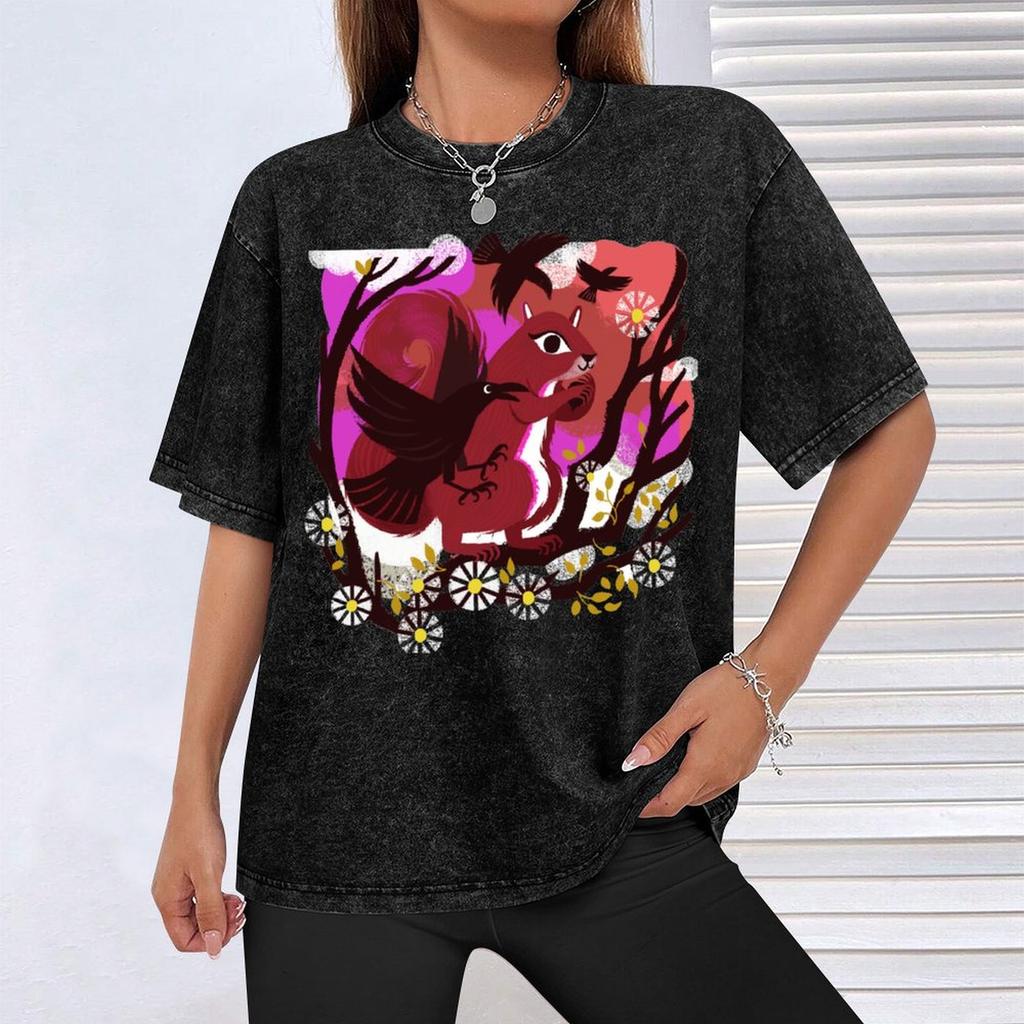 Cute Squirrel And Crow In Tree Design Tshirt Casual Pattern Print Tee Shirt