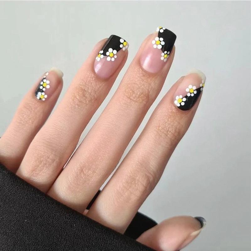 24Pcs Pink Flower Square Fake Nails With Glue Cute White Artificial Press On Acrylic Nails Wearable False Nails