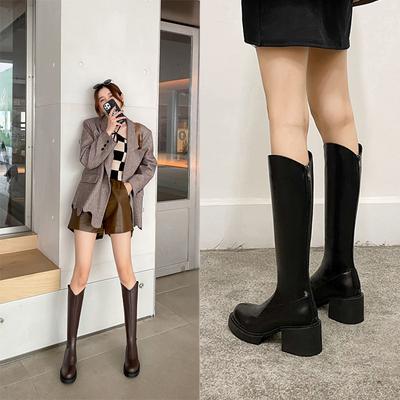 Сапоги на высоком каблуке для детей, но коричневые, до колена, узкие сапоги, маленькие, с толстой подошвой, с V-образным вырезом, рыцарские сапоги, высокий каблук