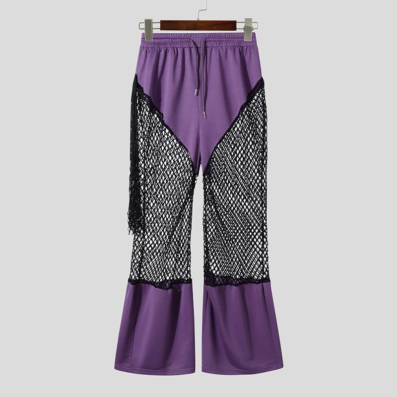 INCERUN Men Mesh Patchwork Pants High Waist Tassel See Through Trousers