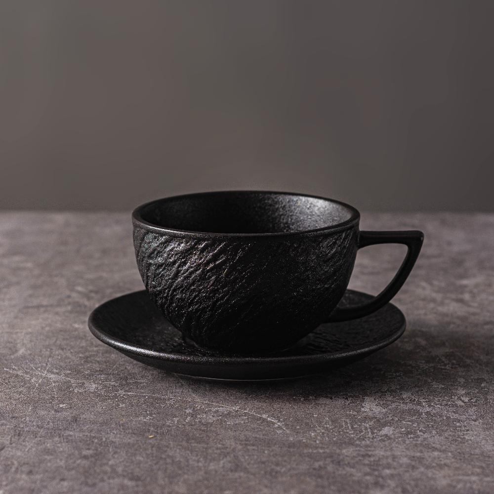 Керамическая кружка для латте с узором камня, изящная чашка для послеобеденного чая, набор черно-белых кружек с круглым блюдцем