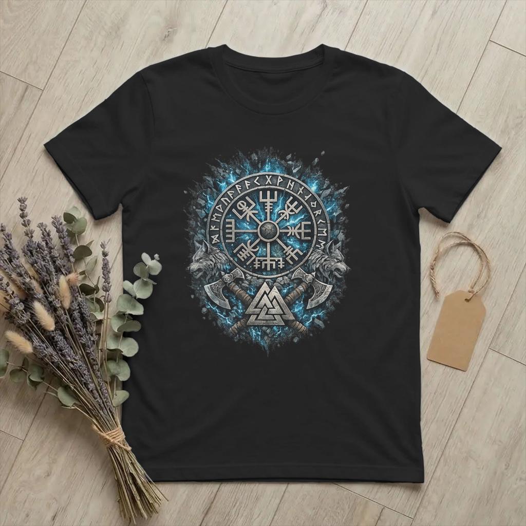 Unisexs TShirts Nordic Vikings Symbol Mythology Valknut Funny Cotton Tee Shirt Short Sleeve Vegvisir T Shirt Crew Neck Gift Idea