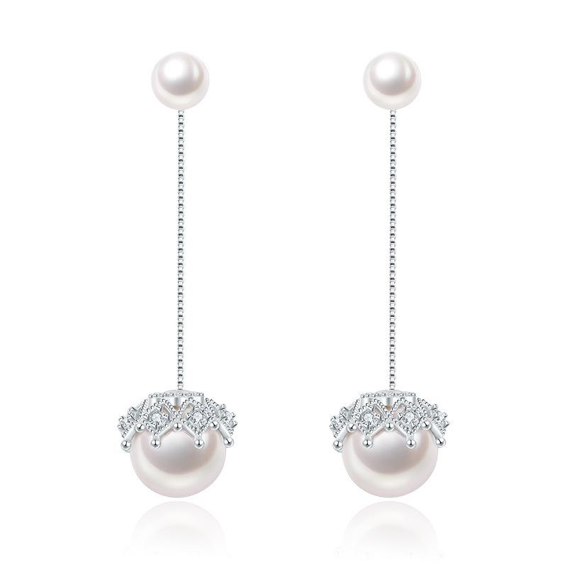 Женская корейская мода Элегантные антиаллергенные серьги-гвоздики из серебра 925 пробы с простым кристаллом циркона и кружевом с двойным жемчугом Женские длинные серьги-гвоздики для ушей Подарки