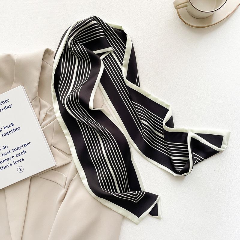 Длинный шелковый шарф в полоску для офисных леди с повязкой на волосы