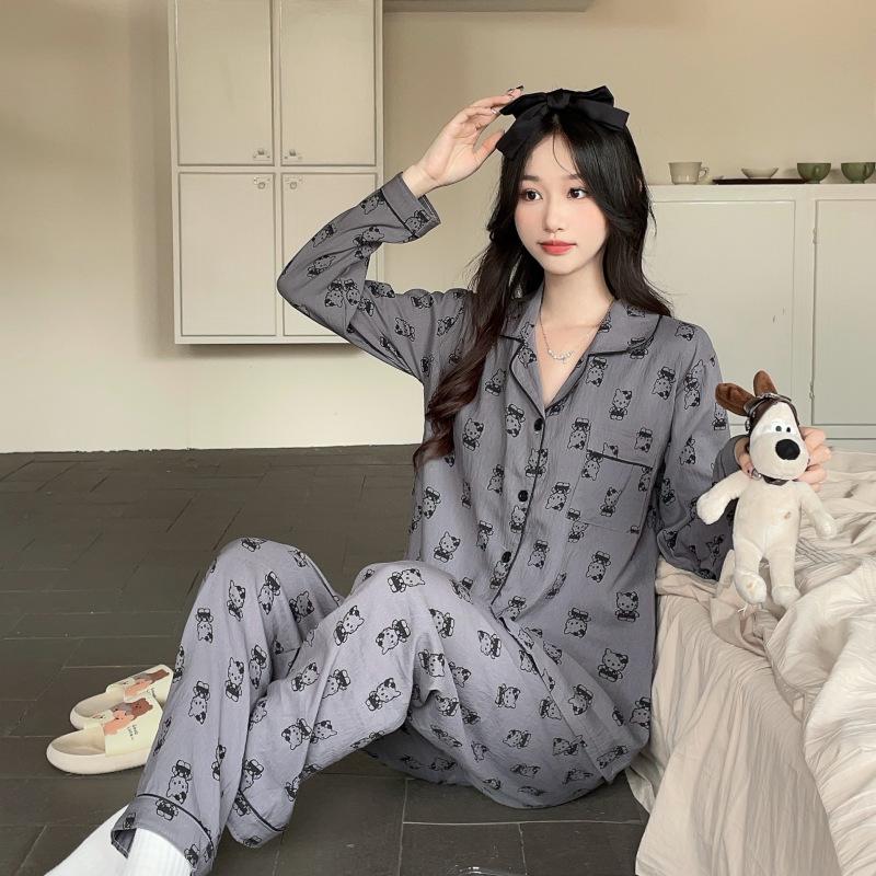 Пижамный комплект из хлопка «Облако» для женщин: Кардиган свободного кроя с длинным рукавом и милыми лацканами в студенческом стиле на весну и осень