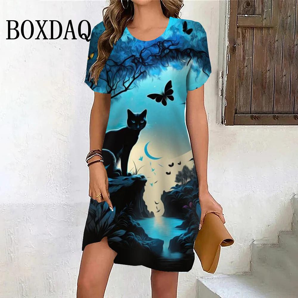 3D Animal Print Mini Dress Women Kawaii Cat Graphic Short-sleeved Casual Loose A-line Dress Women's Clothing Fashion Summer Dress