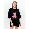 Oversized T Shirt Black Pink Bear Graphic Print With TE UP Text And Motivational Quote Casual Streetwear For Women