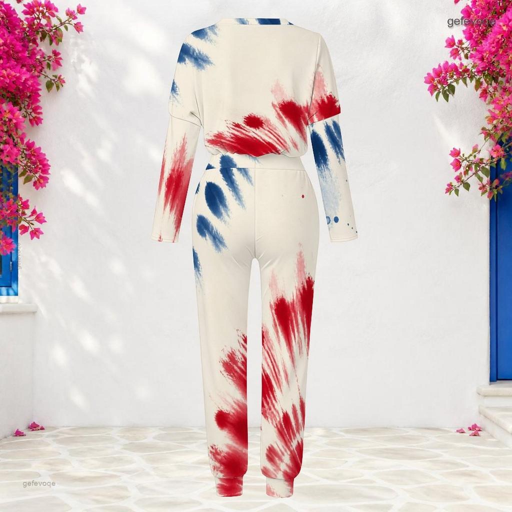 Women Plus Size Two Piece Set Round Neck Long Sleeve Printed Red Blue White Cuffed Top And Cuffed Pants With Pockets