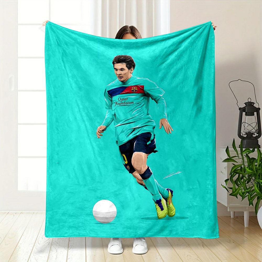 Soccer Player in Action Illustration Patterned blanket, flannel, suitable for all seasons, home decor, warm and cozy