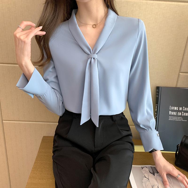 Spring and Autumn Tops Women's Shirt V-Neck Blouses Long Sleeve Shirts