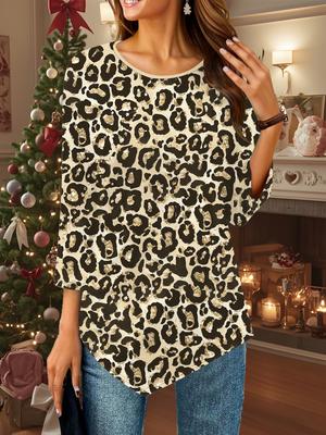 Женская свободная футболка с круглым вырезом и рукавом три четверти, 3D-леопардовый мраморный узор