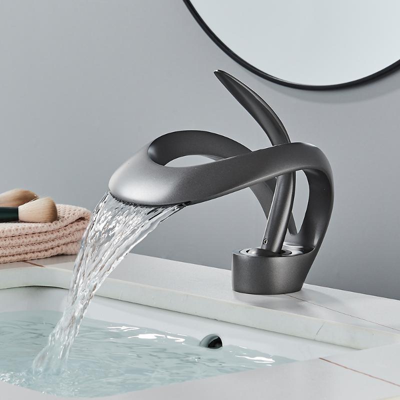 Bathroom Basin Faucet Luxury Grey Bathroom Brass Single Handle Waterfall Mixer Tap Modern Style Hot and Cold Water Sink Mixer Faucet