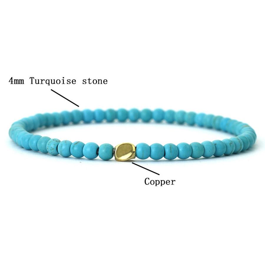 4mm Natural Turquoise Bracelet Single Loop Women Men Stacked Beaded Brass Blue Green Strings Accessories Friends Couple Gifts