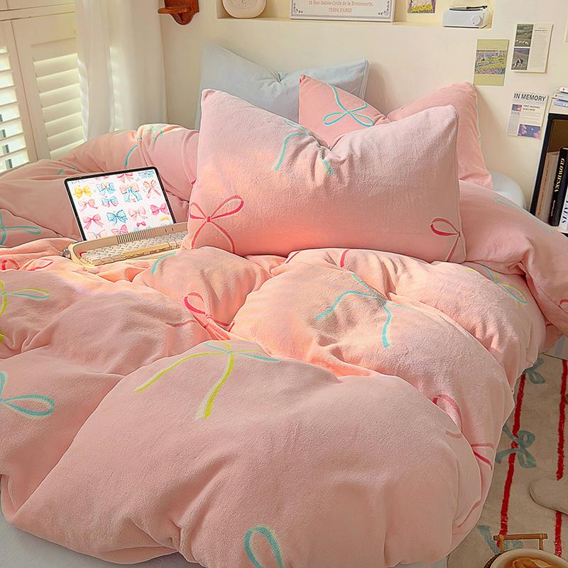 Bow milk fleece four-piece set Thickened warm quilt cover Coral fleece bed hat Student dormitory bed sheet three-piece set