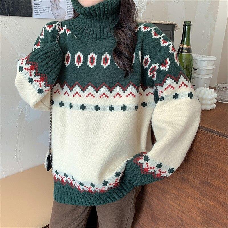 Рождественские свитера, осень-зима, свободные водолазки в корейском стиле, вязаные пуловеры, повседневные утолщенные джемперы с длинными рукавами, свитера