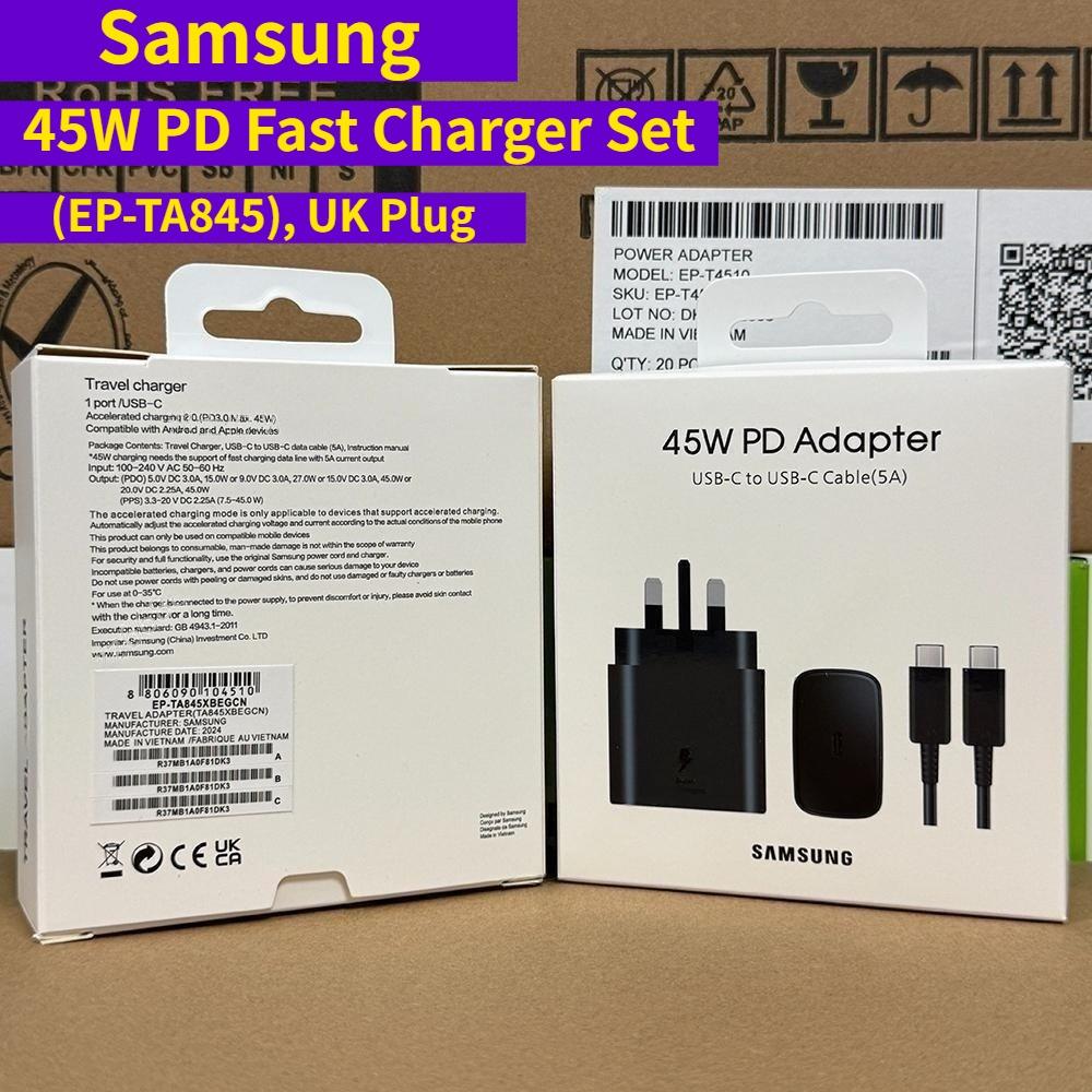 Samsung Комплект быстрой зарядки PD 45 Вт (EP-TA845), Британская вилка, USB-C на USB-C кабель 5А, Супербыстрая зарядка для телефонов/планшетов Galaxy