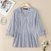 Женская блузка свободного кроя с отложным воротником, летняя, с коротким рукавом, в полоску