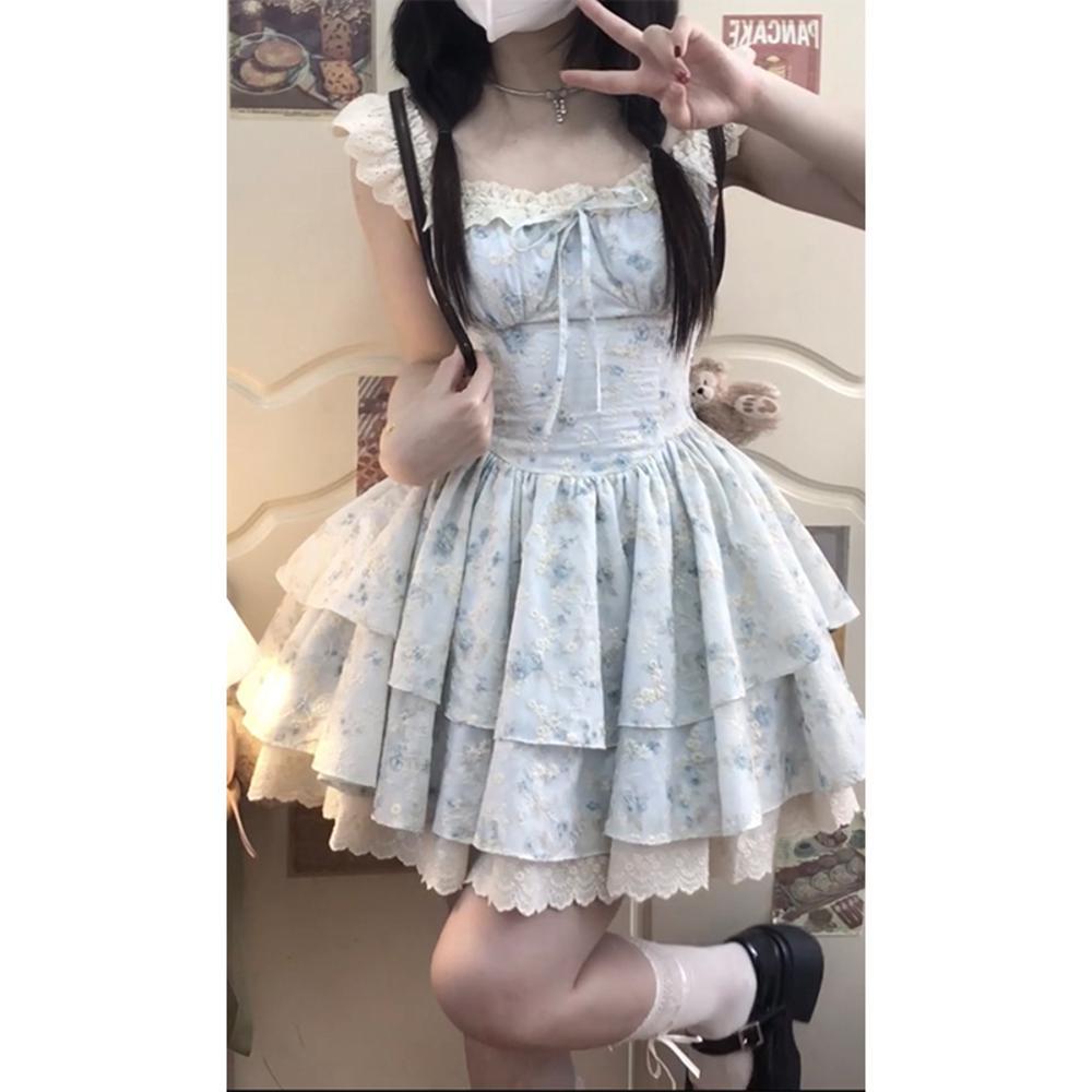 Sweet Pure Desire Small Flying Sleeves Floral Dress Women's Summer French Waist Small Princess Puffy Cake Short Dress